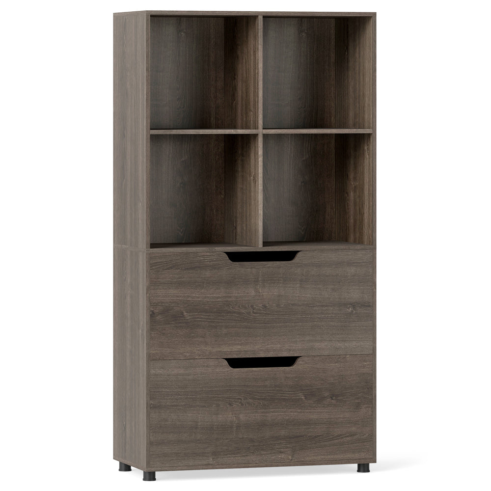 Tall gray 4-cube bookcase with 2 drawers, perfect for living room or office storage and stylish organization.