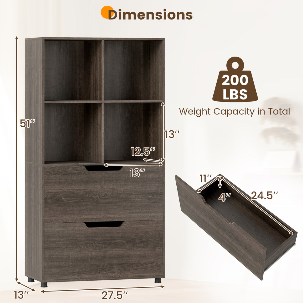 Tall gray 4-cube bookcase with 2 drawers, featuring open storage and a chic design for living room or office use.