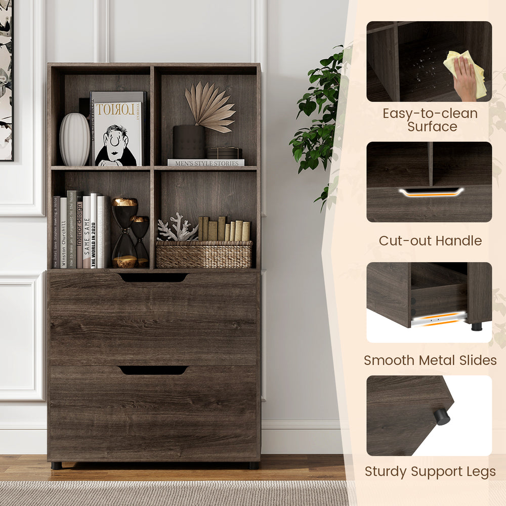 4-cube bookcase with 2 drawers in gray, featuring open storage, sturdy legs, and easy-to-clean surface for home.