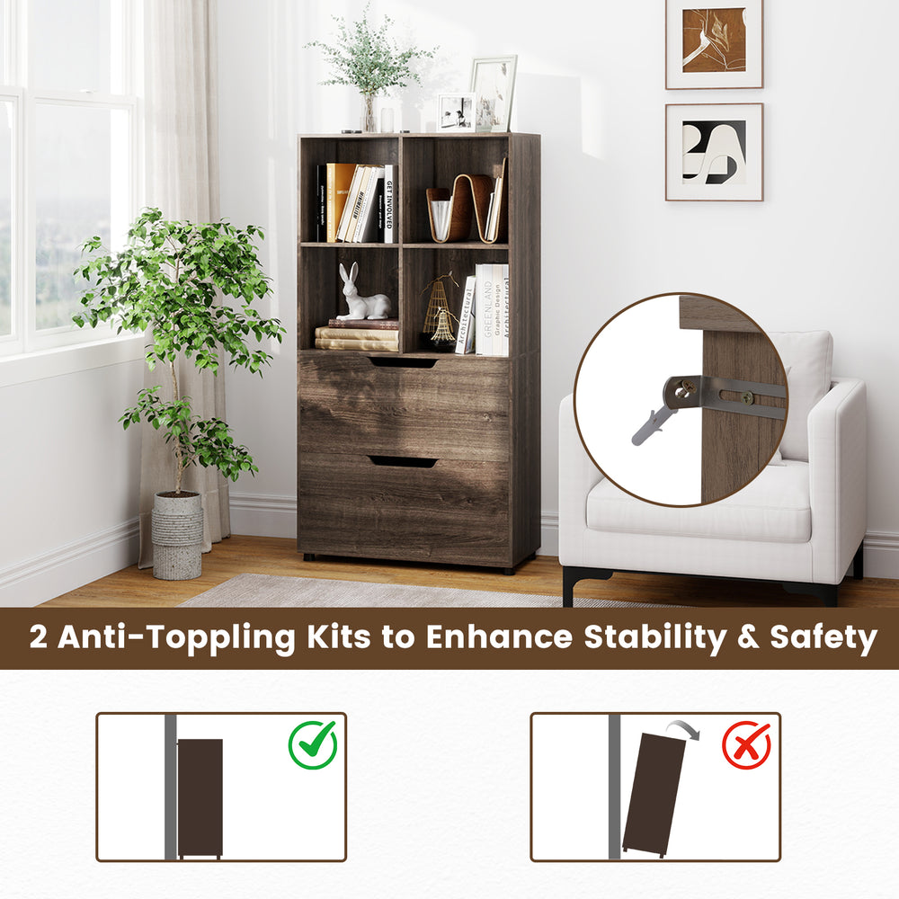 4-cube bookcase with 2 drawers in gray, featuring anti-toppling kits for enhanced stability and safety in any room.
