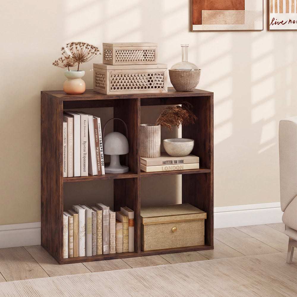 4 Cube Bookshelf with Back Guardrail for Living Room Bedroom-Coffee - Gallery View 1 of 12