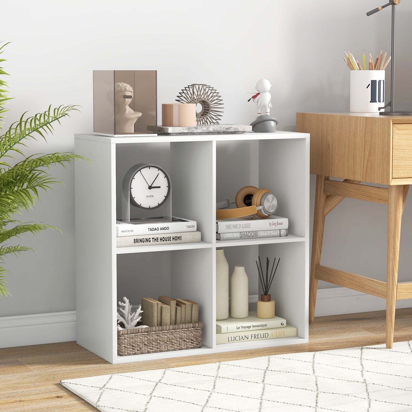 Costway 4 Cube Bookshelf with Back Guardrail Bookcase