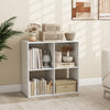 4-cube bookshelf in white with storage boxes and decor, ideal for living room or bedroom organization.