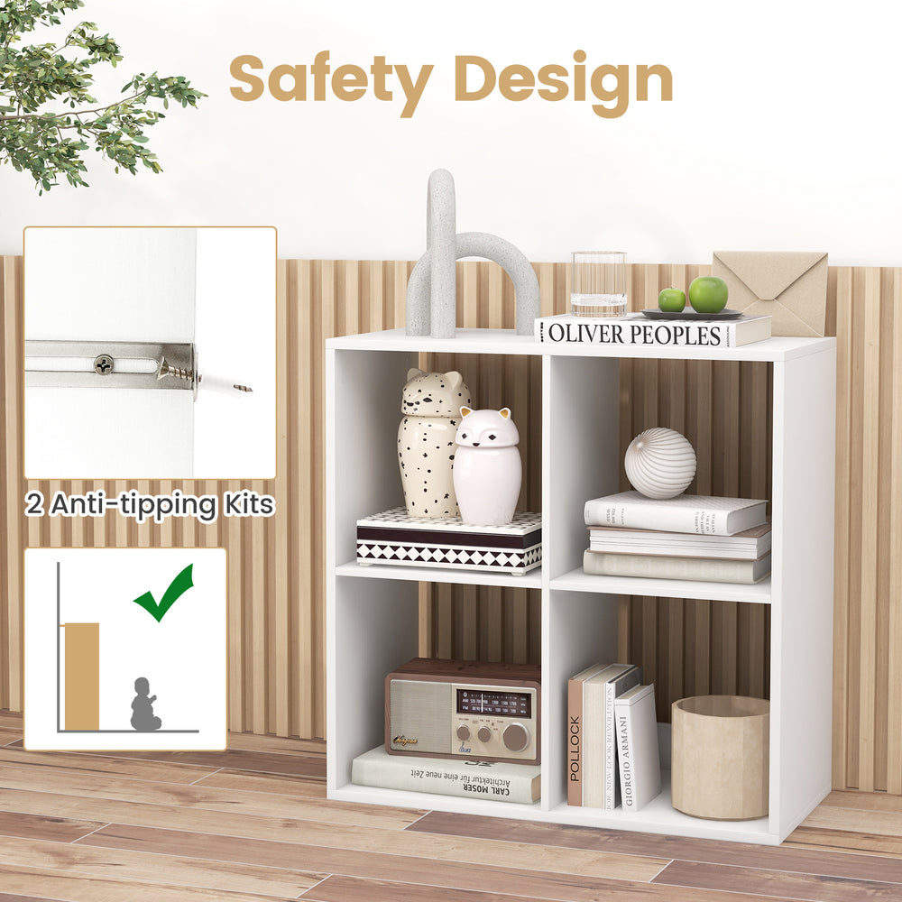 4-cube bookshelf in white with back guardrail, featuring anti-tipping kits for safety, ideal for living room or bedroom.
