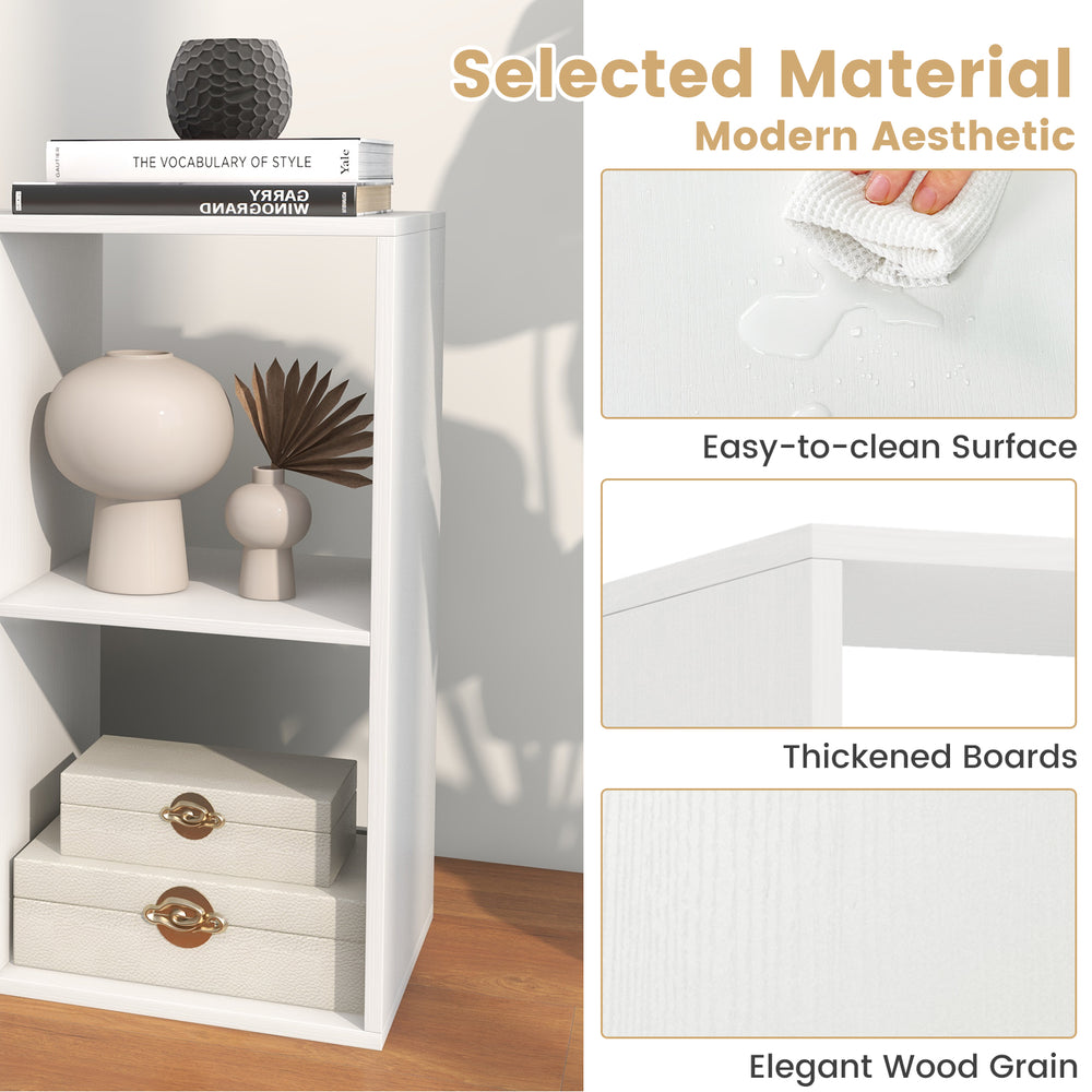 Close-up of the 4-cube bookshelf showcasing the easy-to-clean surface and elegant wood grain for modern living room.