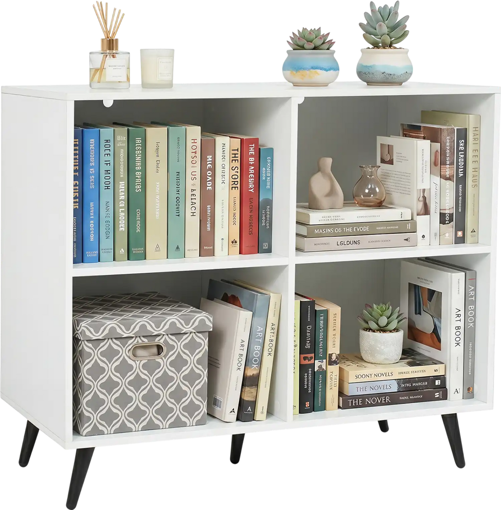 White 4-cube wooden bookshelf featuring a sturdy surface for showcasing decorative items and enhancing any living space.