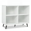 White 4-cube wooden bookshelf with 5 metal legs, perfect for organizing items in your living room or home office.