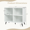 White 4-cube wooden bookshelf with 5 metal legs, featuring enclosed back panels and a sturdy design for home organization.