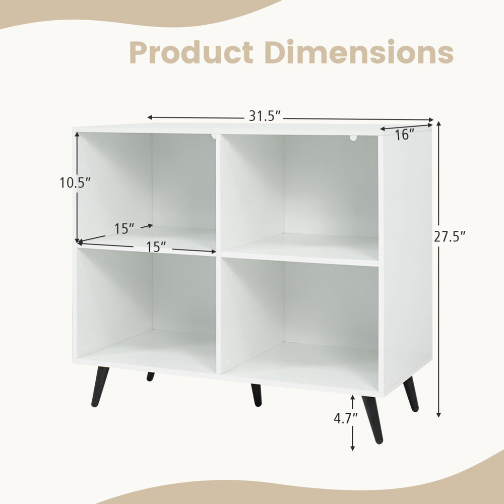 White 4-cube wooden bookshelf with 5 metal legs, featuring enclosed back panels and a sturdy design for home organization.