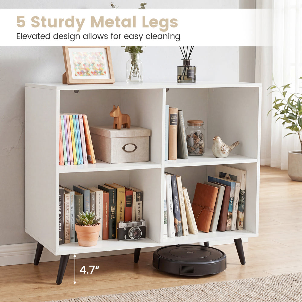 4-cube wooden bookshelf in white with 5 sturdy metal legs, elevated design for easy cleaning and enhanced stability.