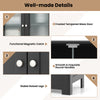 Freestanding black bathroom storage cabinet featuring frosted glass doors, round handles, and raised legs for stability.