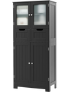 Freestanding black bathroom storage cabinet with glass doors, two drawers, and adjustable shelves for versatile.
