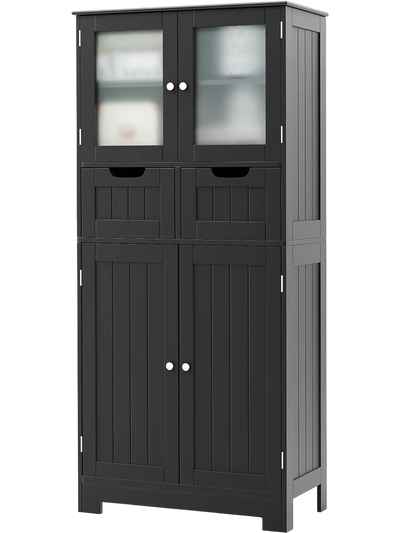 Costway 4 Door Freestanding Bathroom Floor Storage Cabinet w/ 2 Drawers Glass Doors 63578124 New