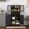 Freestanding black storage cabinet with glass doors, 2 drawers, and adjustable shelves for versatile organization.