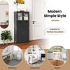 Freestanding black storage cabinet with glass doors, 2 drawers, and adjustable shelves for versatile home organization.