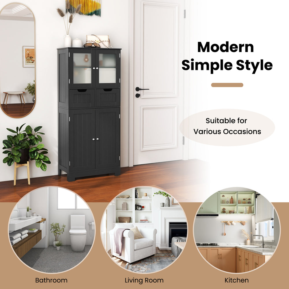 Freestanding black storage cabinet with glass doors, 2 drawers, and adjustable shelves for versatile home organization.