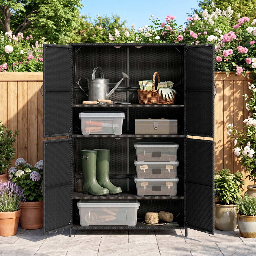 4-Door Rattan Vertical Storage Shed with Adjustable Shelves-Black - Gallery View 1 of 10