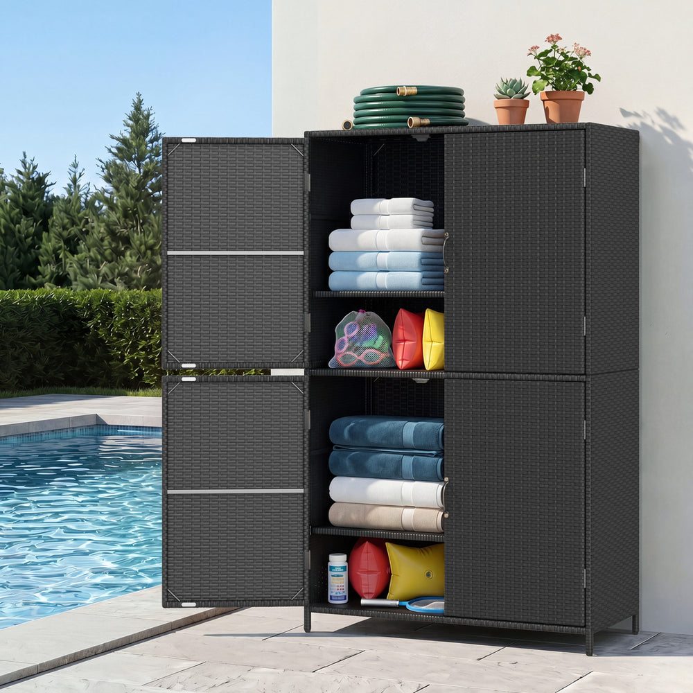 4-door black rattan vertical storage shed with adjustable shelves, ideal for poolside organization and outdoor use.
