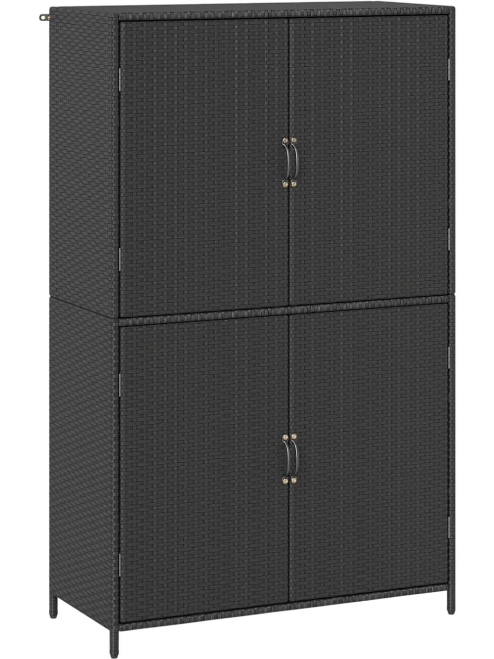 Black 4-door rattan vertical storage shed showcasing a durable metal frame, perfect for outdoor organization and.
