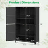4-door black rattan vertical storage shed with adjustable shelves, measuring 35.5" x 16" x 58", ideal for outdoor use.