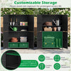 4-door black rattan vertical storage shed with adjustable shelves, ideal for garden tools and patio cushions.