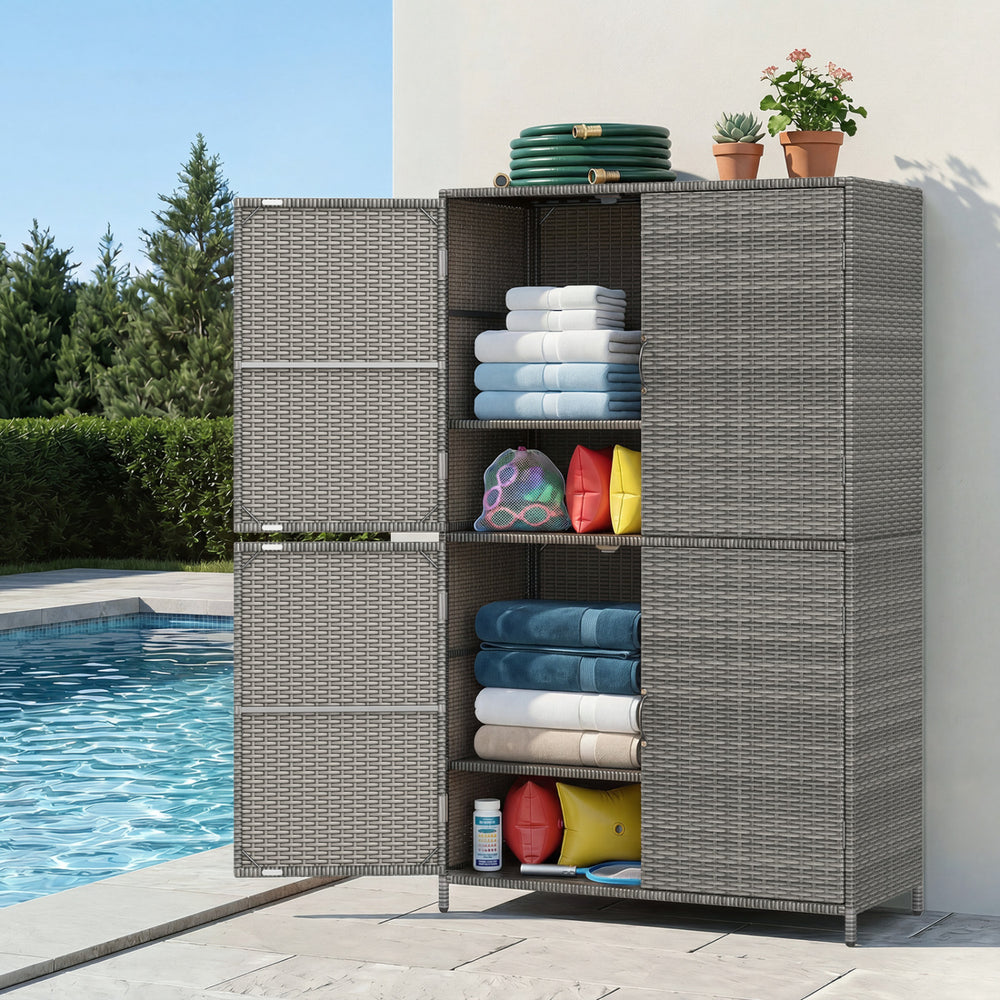 4-Door Rattan Vertical Storage Shed with Adjustable Shelves-Gray - Gallery View 1 of 10
