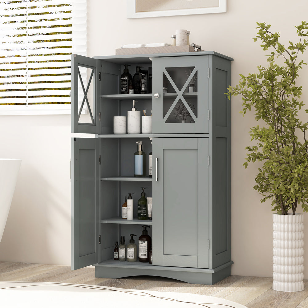 Gray 4-door bathroom floor cabinet with adjustable shelves and glass doors, providing ample storage for various items.