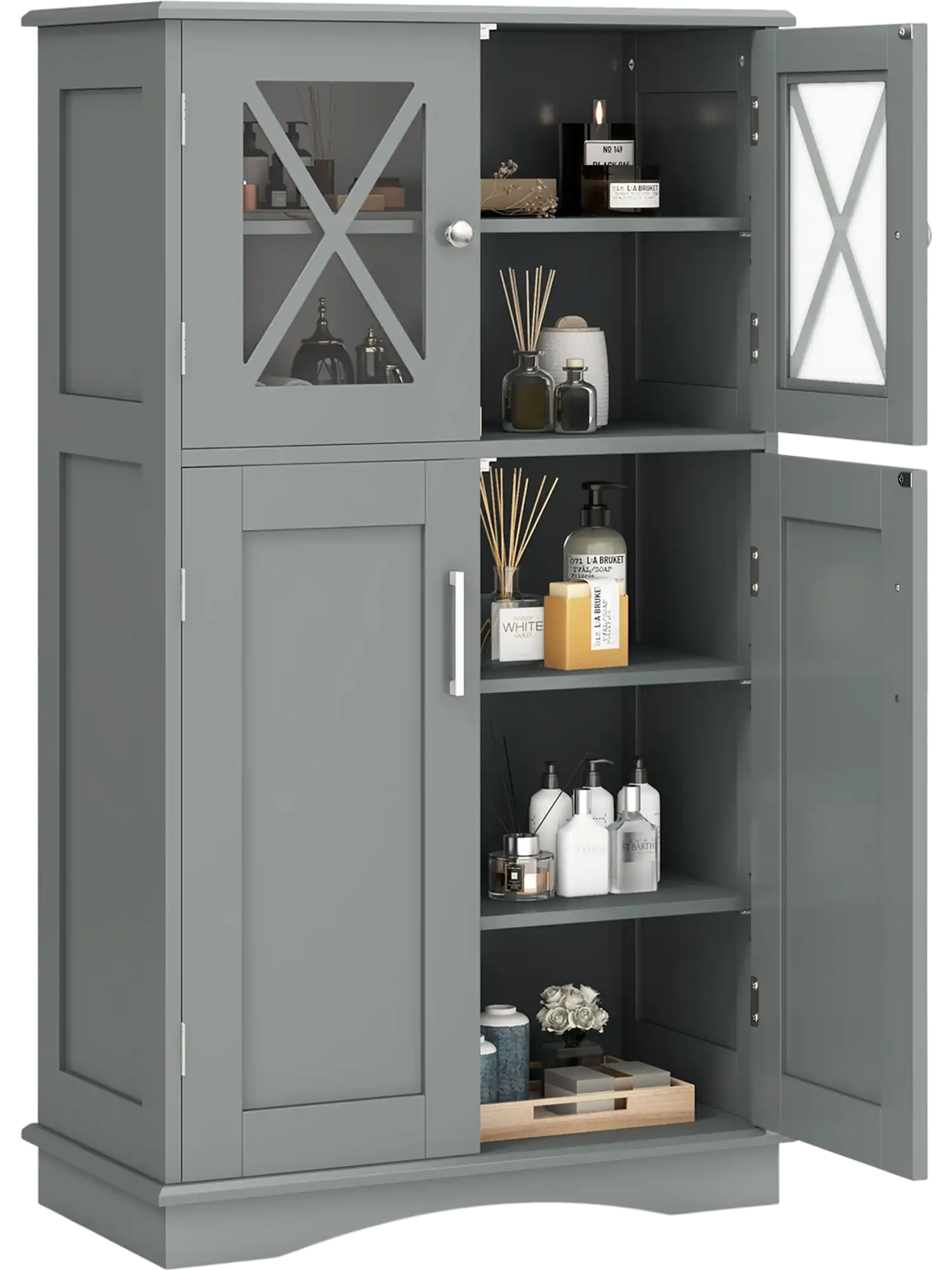Costway Freestanding Bathroom Floor Storage Cabinet 4-Door Adjustable Shelves 59416728 New