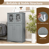 Gray 4-door bathroom floor cabinet with adjustable shelves and glass doors, featuring anti-toppling design for safety.