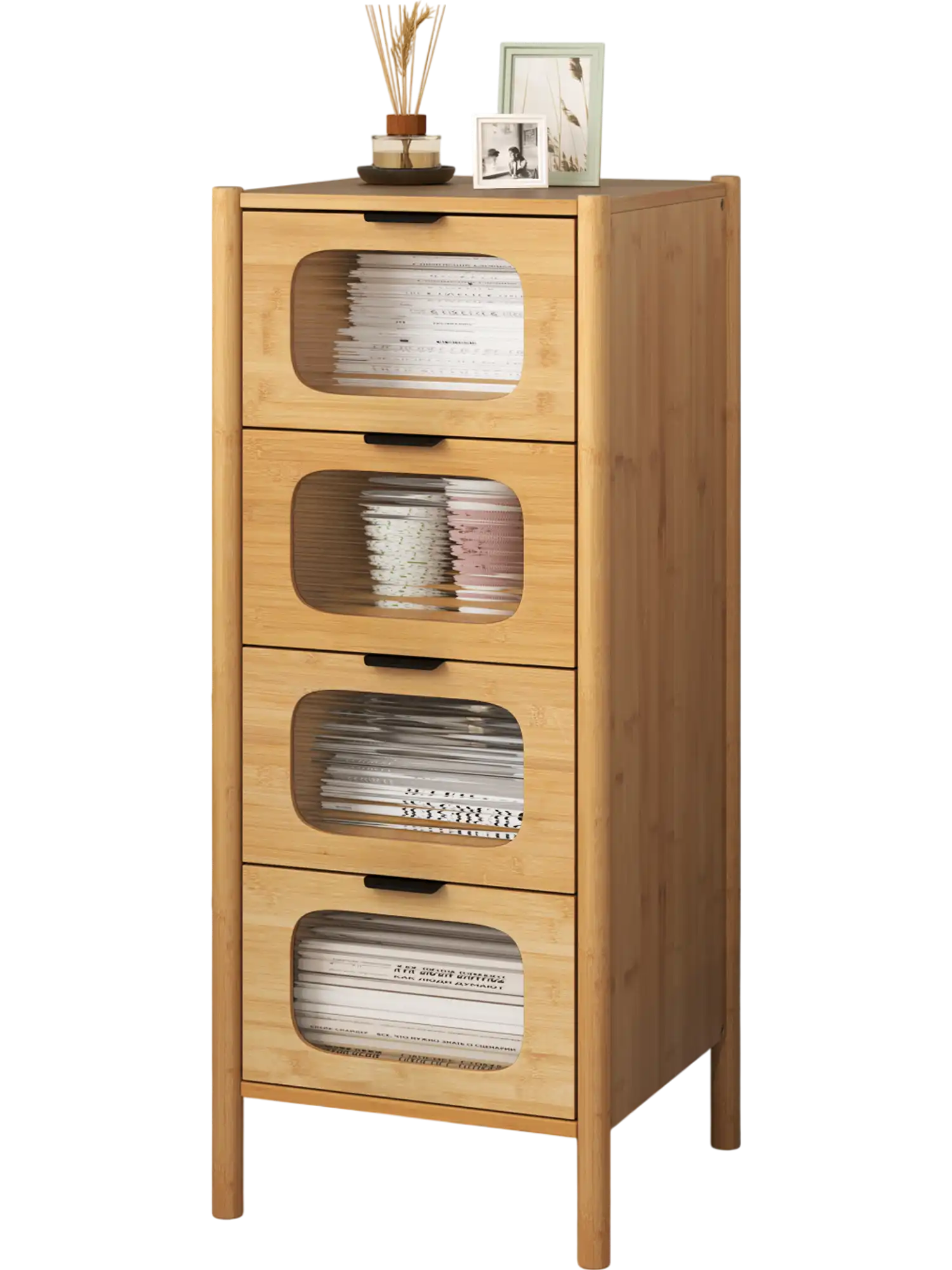 Costway Bamboo Storage Cabinet 4-Drawer Dresser Fluted Tempered Glass 459218367 New
