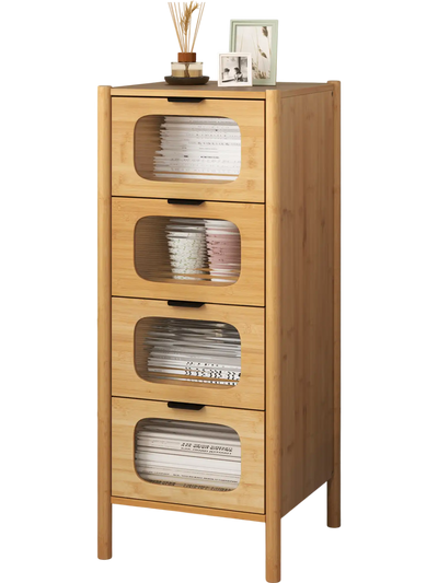 Costway Bamboo Storage Cabinet 4-Drawer Dresser Fluted Tempered Glass 459218367 New