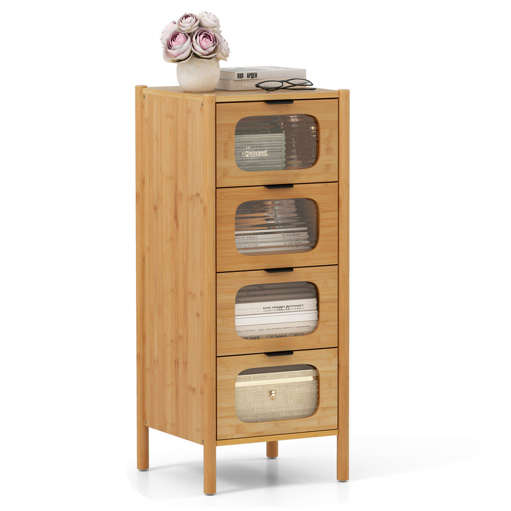 4-drawer bamboo storage cabinet with fluted tempered glass drawers, ideal for organizing belongings in a stylish.