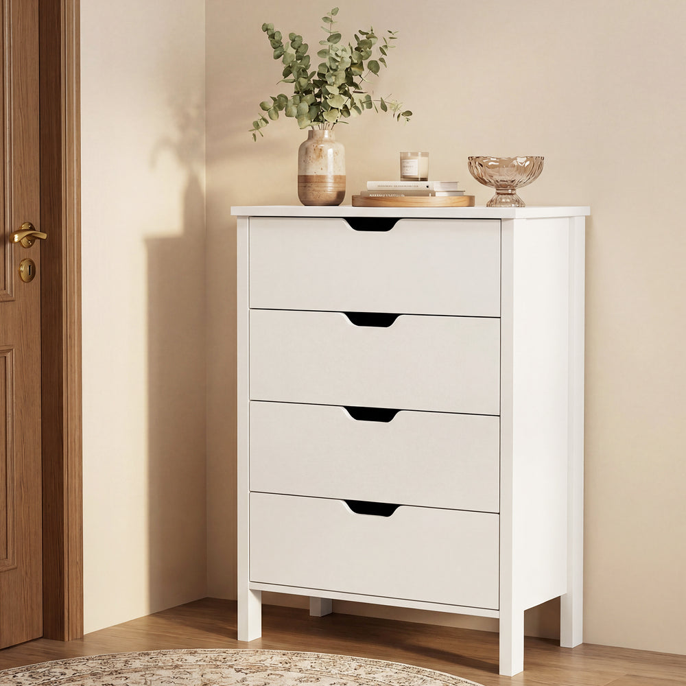 White 4-drawer dresser with minimalist design and anti-tipping kits, ideal for bedroom or living room organization.