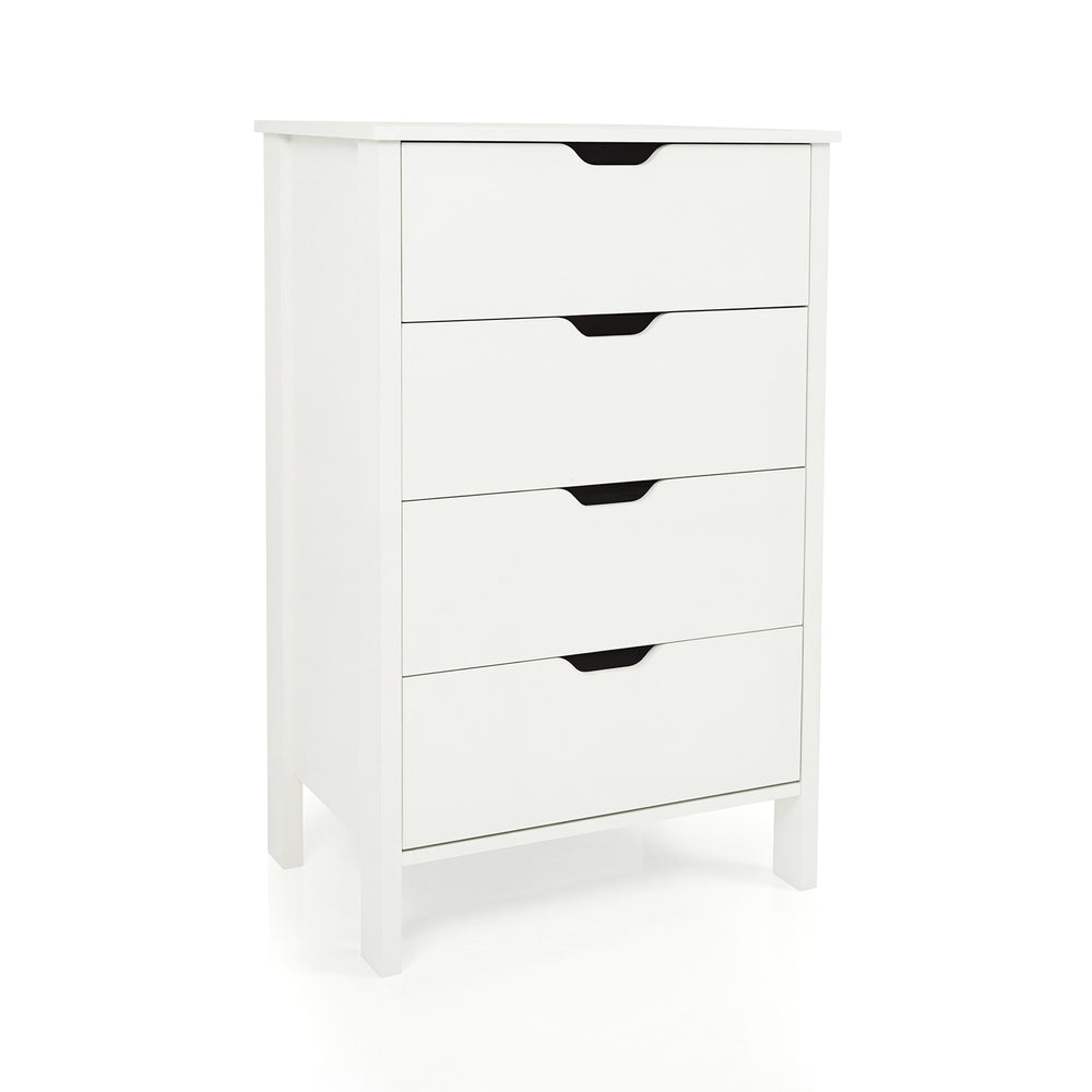 4-drawer white dresser with minimalist design, robust wooden construction, and anti-tipping kits for safety.