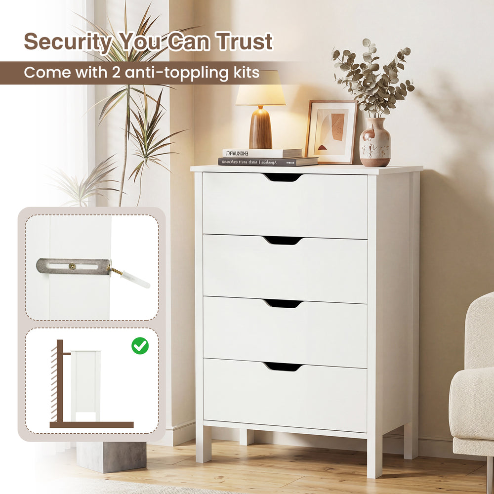 4-drawer wooden nightstand in white with anti-tipping kits, ideal for bedroom or living room organization.