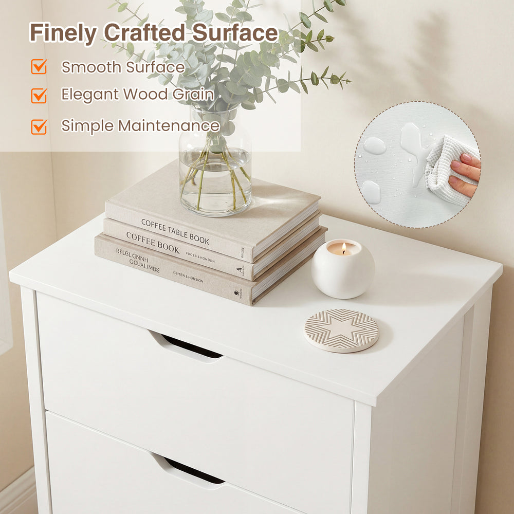 White 4-drawer dresser nightstand with smooth surface, elegant wood grain, and anti-tipping kits for safety and.