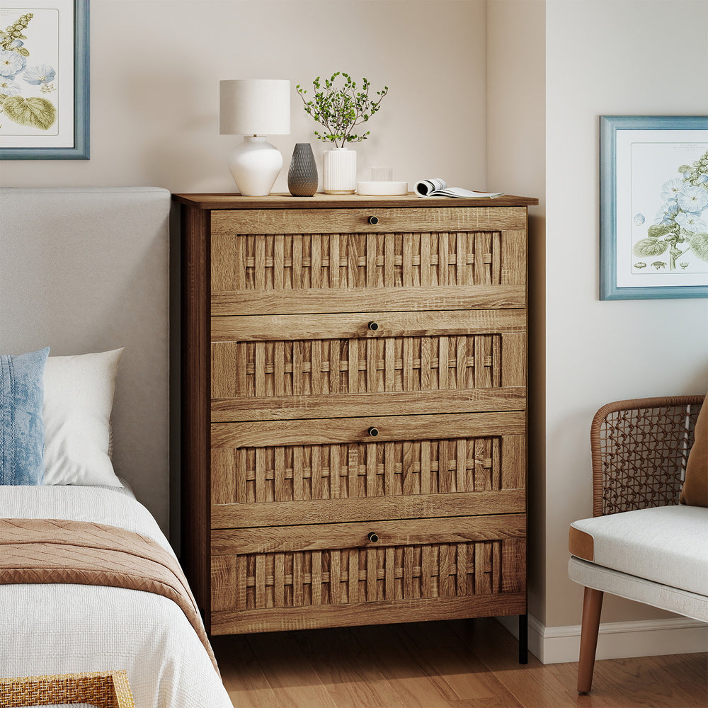4-drawer dresser in oak with rattan-textured fronts and metal legs, ideal for bedroom storage and modern decor.