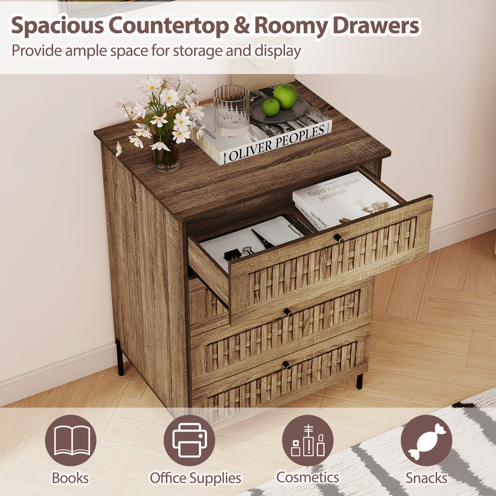 4-drawer dresser in oak with rattan-textured fronts, featuring spacious storage and sturdy metal legs for bedroom use.
