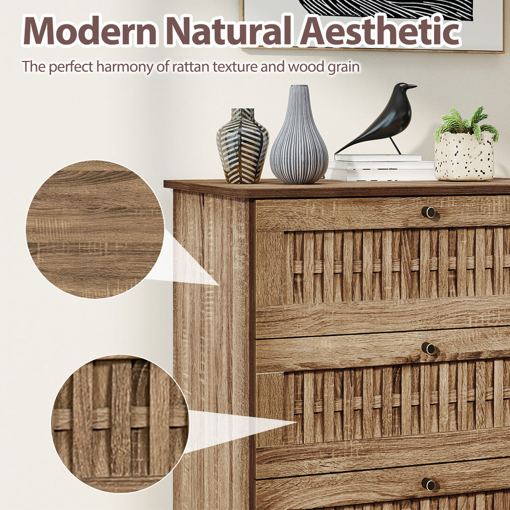 Close-up of the rattan-textured drawer front on the 4-drawer oak dresser, showcasing its modern natural aesthetic.