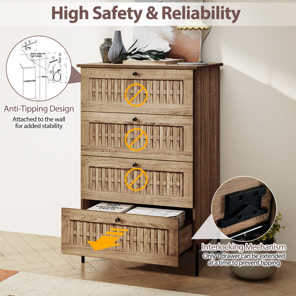 4-drawer dresser in oak with rattan-textured fronts, interlocking mechanism, and metal legs for bedroom storage.