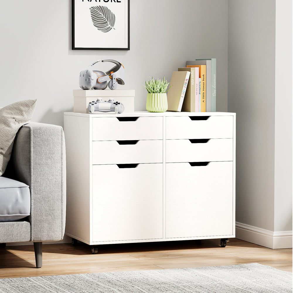 4-drawer white file cabinet with wheels, featuring spacious countertop and cutout handles for versatile home office use.