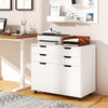 4-drawer white file cabinet on wheels with cutout handles, ideal for home office organization and versatile storage.