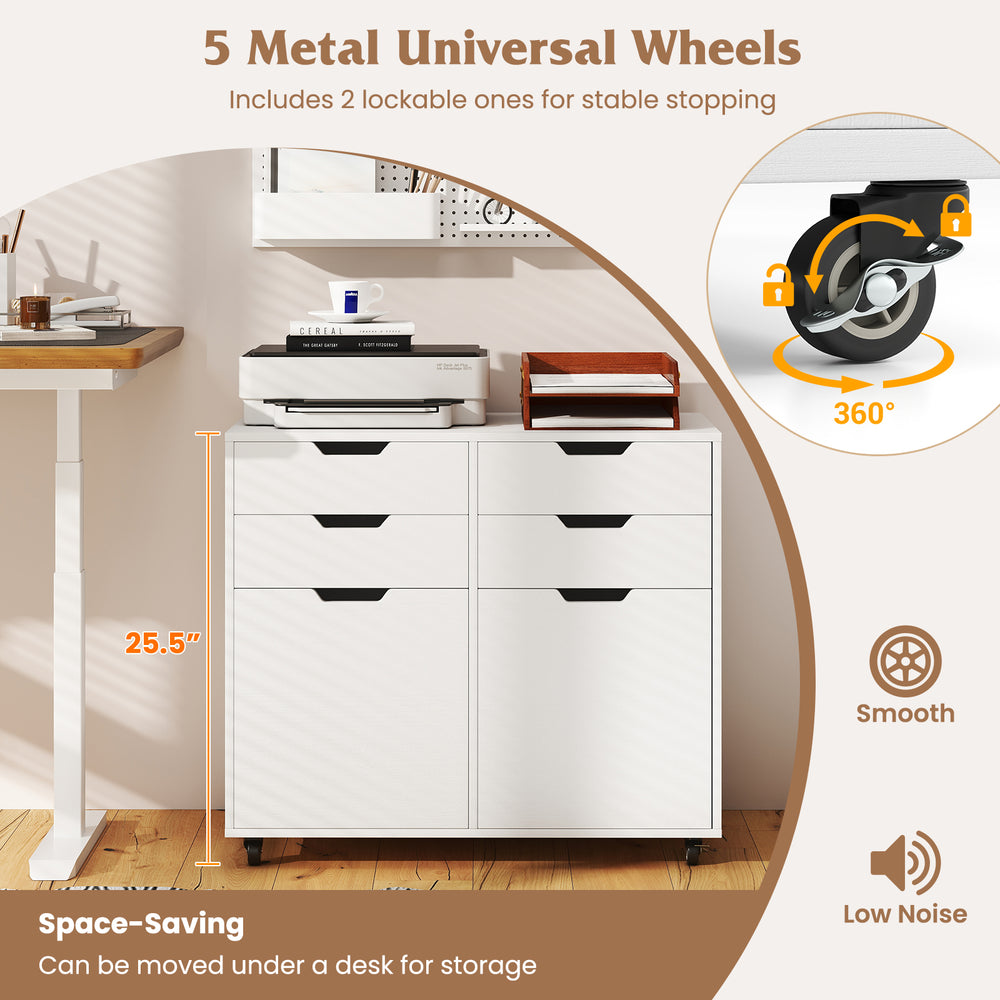 4-drawer white file cabinet with wheels, featuring lockable wheels and smooth metal slides for home office organization.