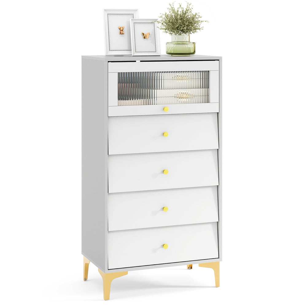 Modern storage cabinet with 4 drawers and flip-up fluted glass door in gray and white, perfect for bedrooms and living.