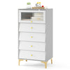 Close-up of the unique knobs and smooth slides on the 4-drawer modern storage cabinet in gray and white, enhancing.
