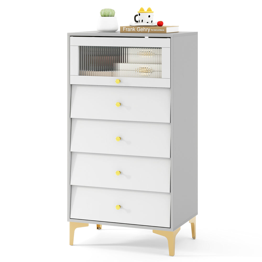 Close-up of the unique knobs and smooth slides on the 4-drawer modern storage cabinet in gray and white, enhancing.