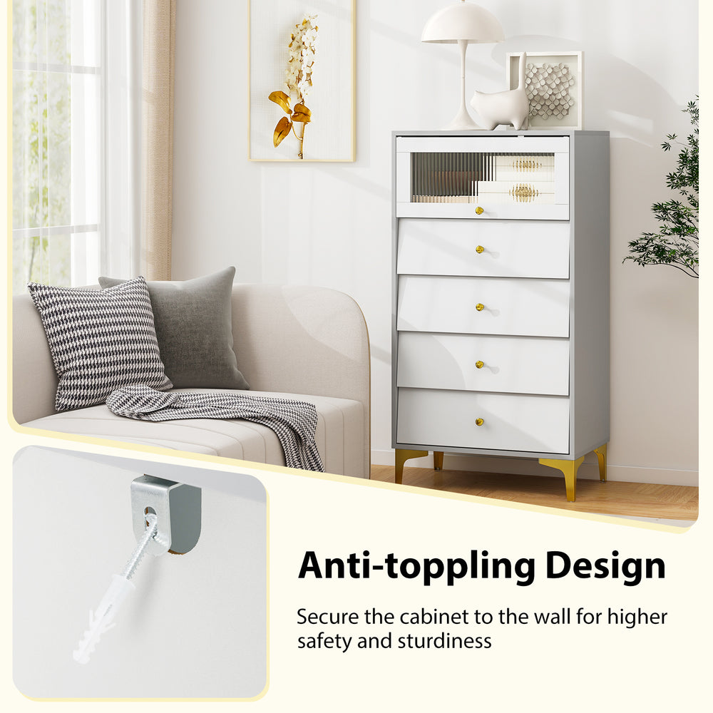 Anti-toppling design of the gray and white 4-drawer modern storage cabinet, enhancing safety and sturdiness for any.