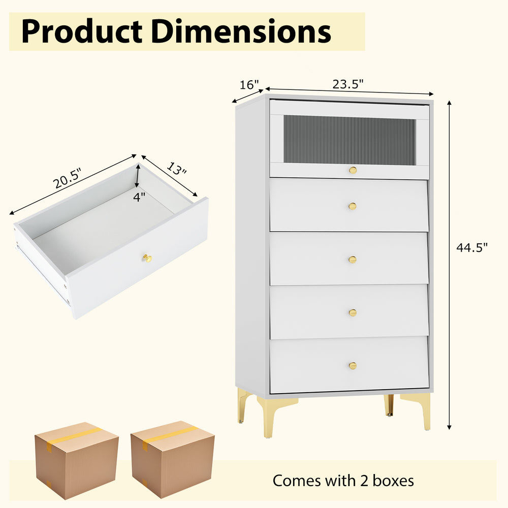 4-drawer modern storage cabinet in gray and white with flip-up fluted glass door, ideal for bedrooms and living rooms.