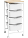 4-drawer rolling storage cart with wooden tabletop, white drawers, and lockable wheels for versatile organization.