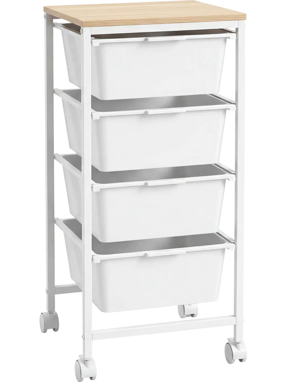 4-drawer rolling storage cart with wooden tabletop, white drawers, and lockable wheels for versatile organization.